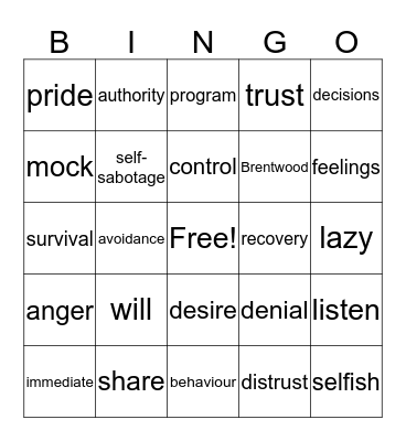 Self-will Bingo Card