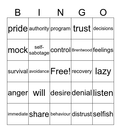 Self-will Bingo Card