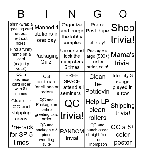 Intern Bingo Card