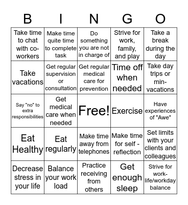 SELF-CARE ASSESSMENT Bingo Card