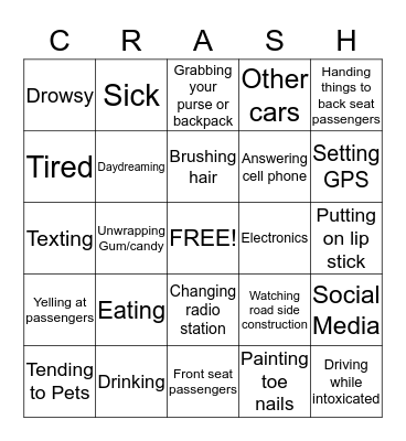 Distractions While Driving Bingo Card