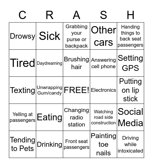 Distractions While Driving Bingo Card