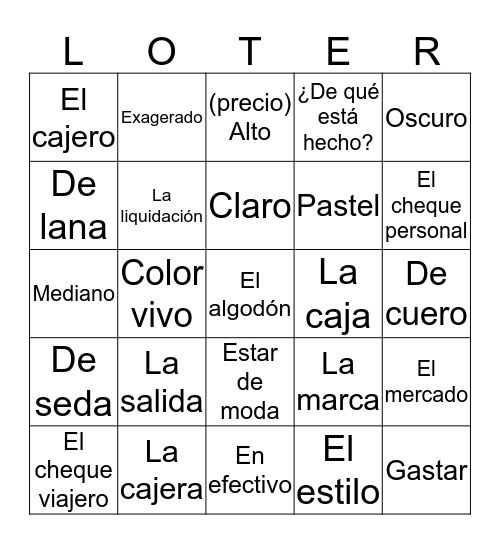 Spanish 2 Chapter 2B:  Bingo Card