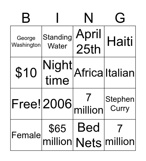 Nothing But Nets Bingo  Bingo Card