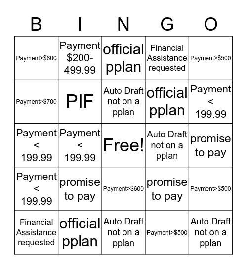 Payment BINGO  Bingo Card