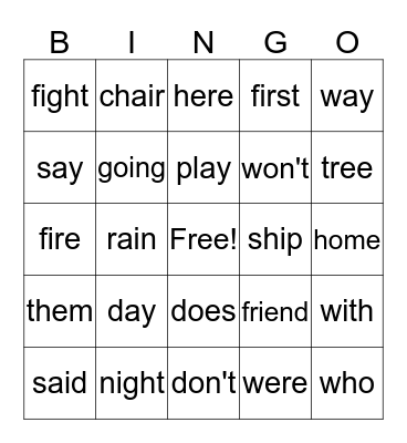 Sight Words #1 Bingo Card