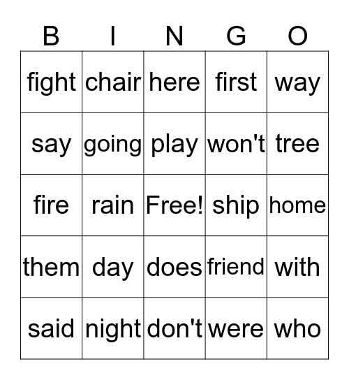 Sight Words #1 Bingo Card