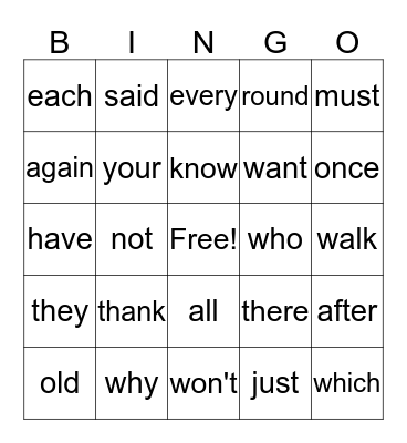 Sight Words #2 Bingo Card