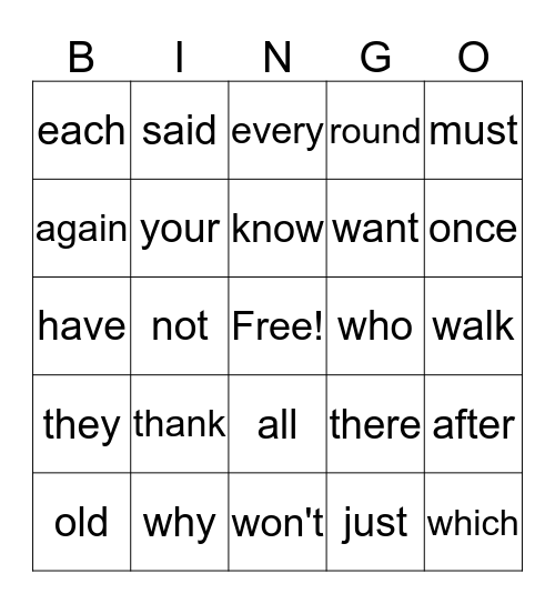 Sight Words #2 Bingo Card