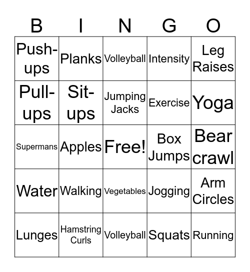 Fitness Bingo Card