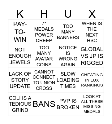 Salty KHUX Bingo Card