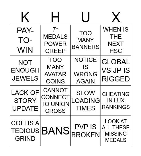 Salty KHUX Bingo Card