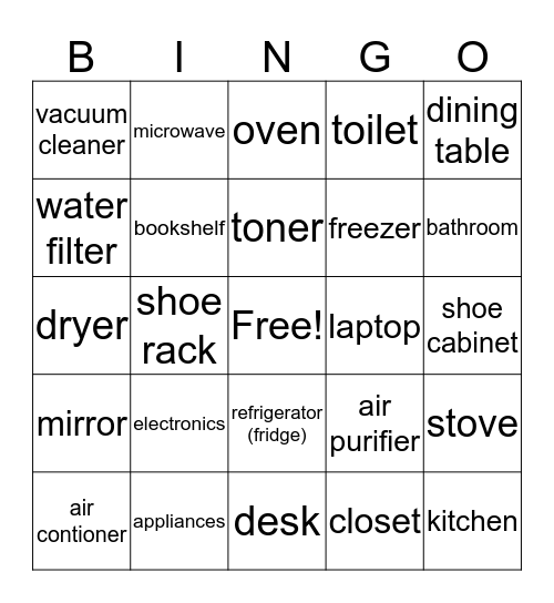 MS3: Things in a house Bingo Card