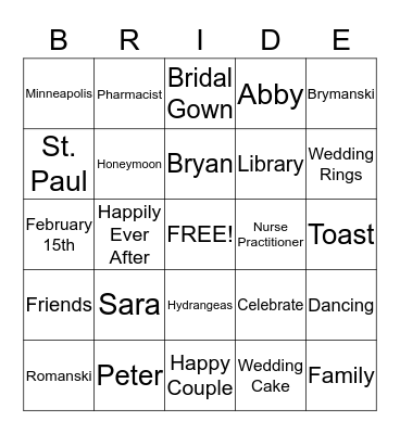 Sara and Peter Bingo Card