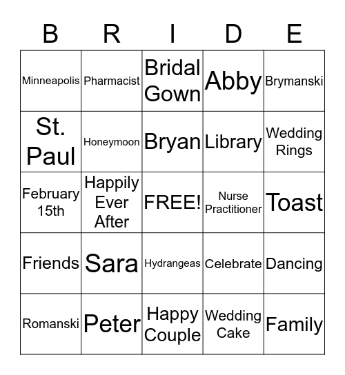 Sara and Peter Bingo Card