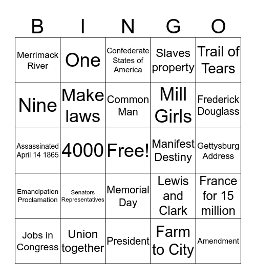 US History Review Bingo Card