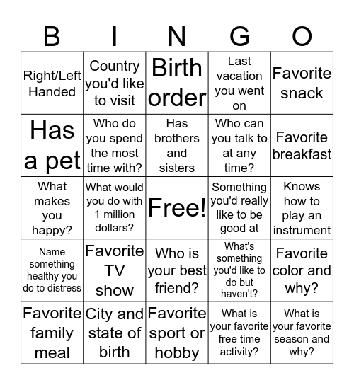 Social Skills Bingo Card