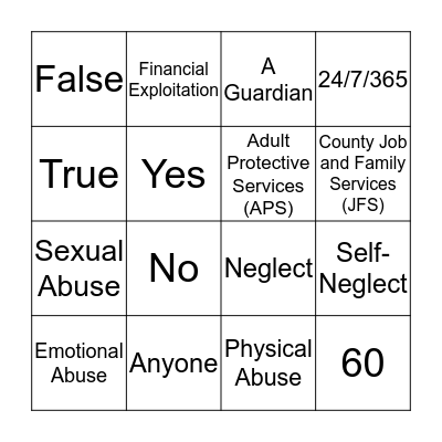 APS Bingo Card