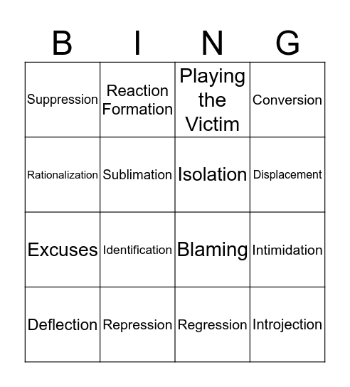 Defense Mechanisms Bingo Card