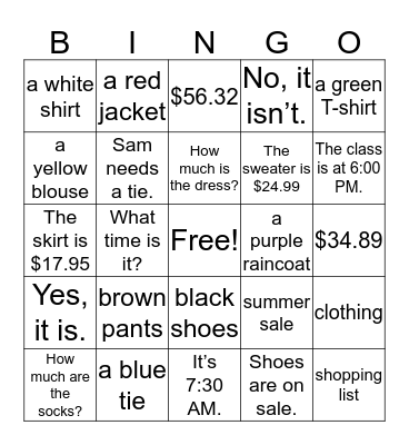 Unit 7 Bingo Card