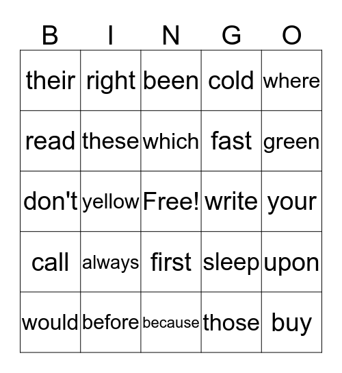 Sight Words Bingo Card