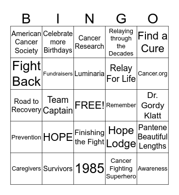 Relay For Life BINGO Card