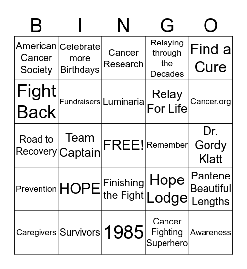 Relay For Life BINGO Card