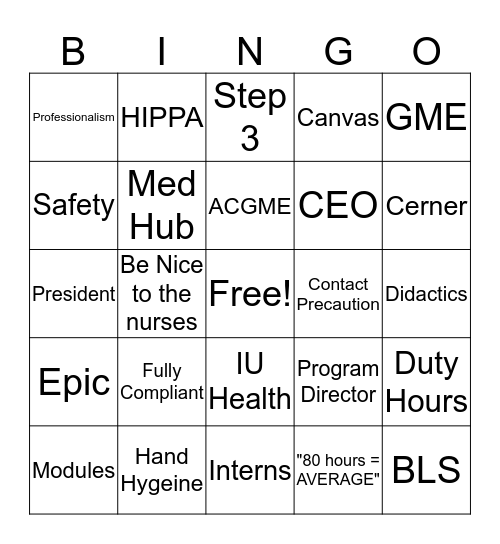 GME Bingo Card