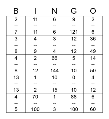 Fraction Bingo Card