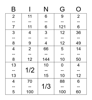 Fraction Bingo Card