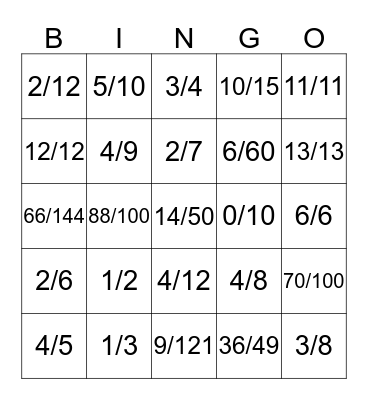 Fraction Bingo Card