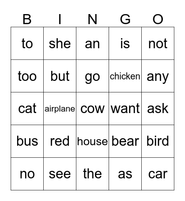 Sight Words Bingo Card
