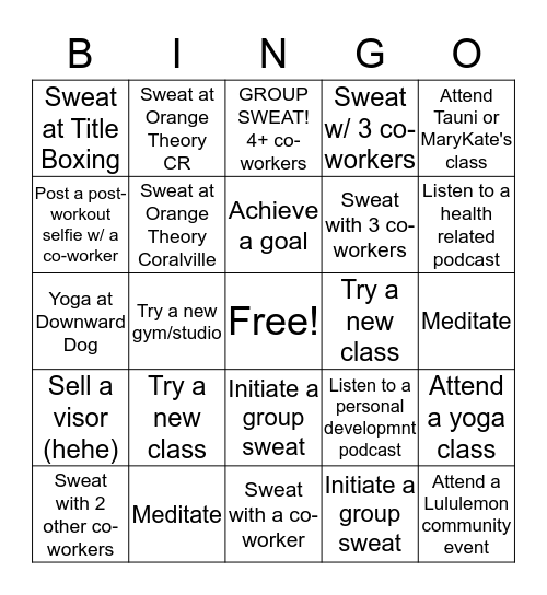 Sweat Challenge Bingo Card