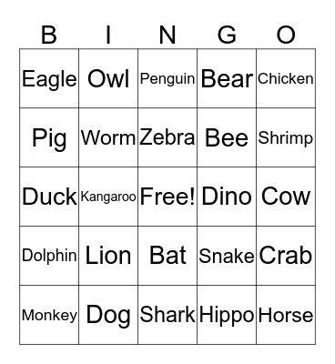 Animal BINGO Card