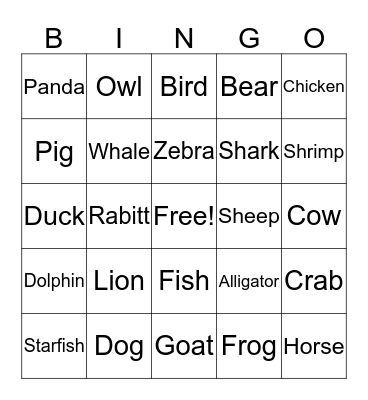 Animal BINGO Card