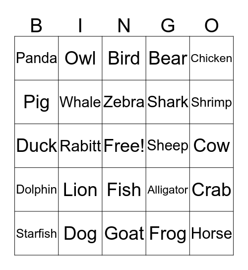 Animal BINGO Card