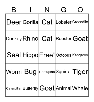 Animal BINGO Card