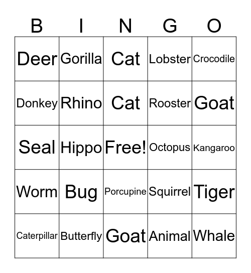 Animal BINGO Card
