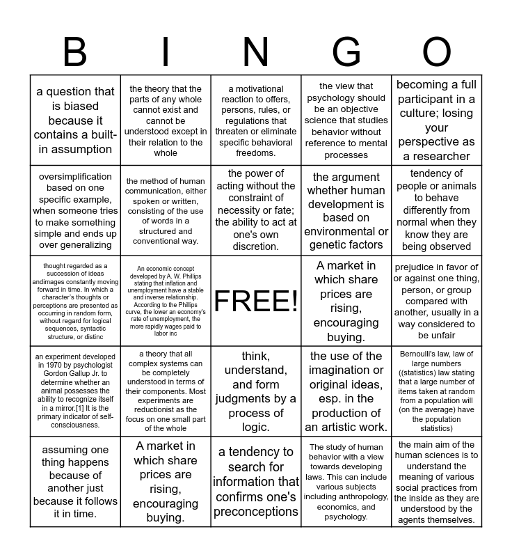 Human Science Vocab Bingo Card