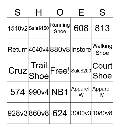 Shoes Bingo Card