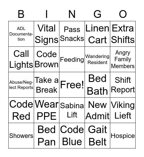 CNA Bingo Card