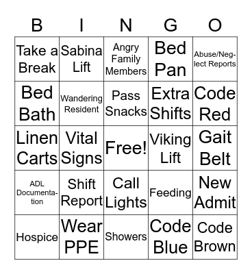 CNA Bingo Card