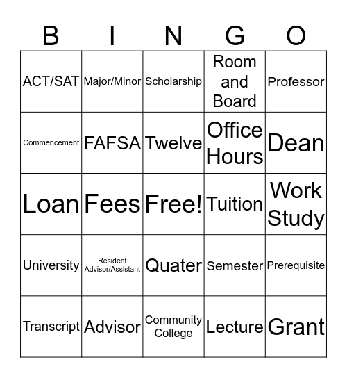 College Vocab Bingo Card