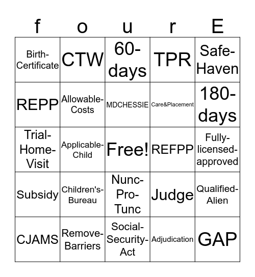 Title IV-E Bingo Game Bingo Card