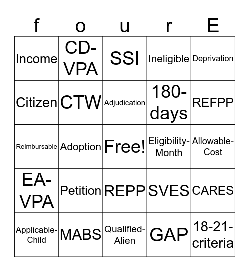 Title IV-E Bingo Game Bingo Card