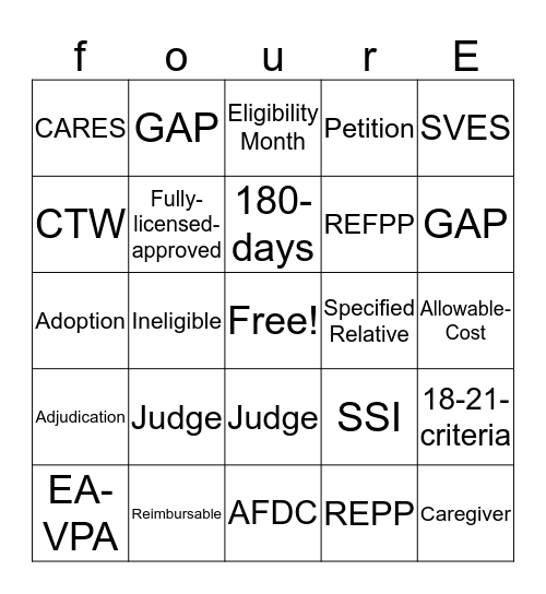 Title IV-E Bingo Game Bingo Card