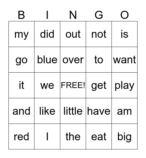 Site Words Bingo Card