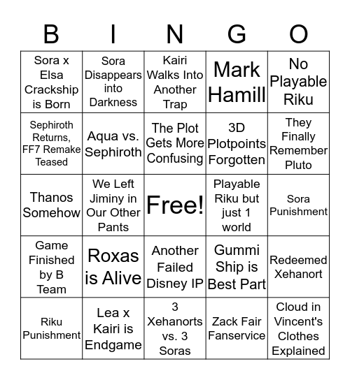 Kingdom Hearts 3 Bingo Card