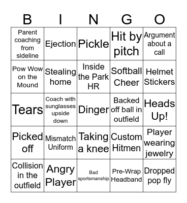 Softball Bingo Card