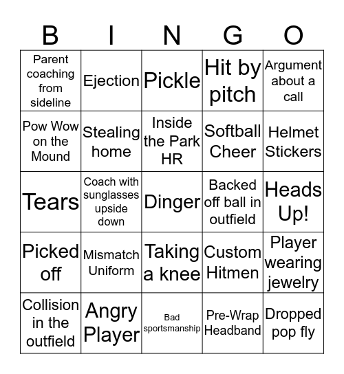 Softball Bingo Card